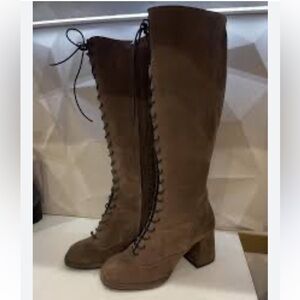 Vintage brown suede from lace up block heel boot sz 8